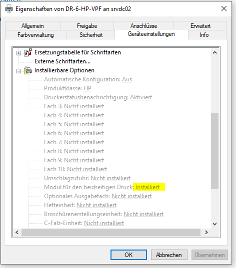 Druckereinstellungen für Duplex Druck gehen verloren.
