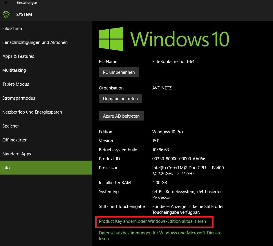 Upgrade auf Win 10Pro von Win 8.1Pro bei Notebook mit hinterlegtem Home-Key