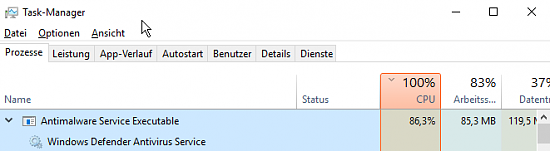 Antimalware Service Executable lastet CPU zu bis zu 95 % aus