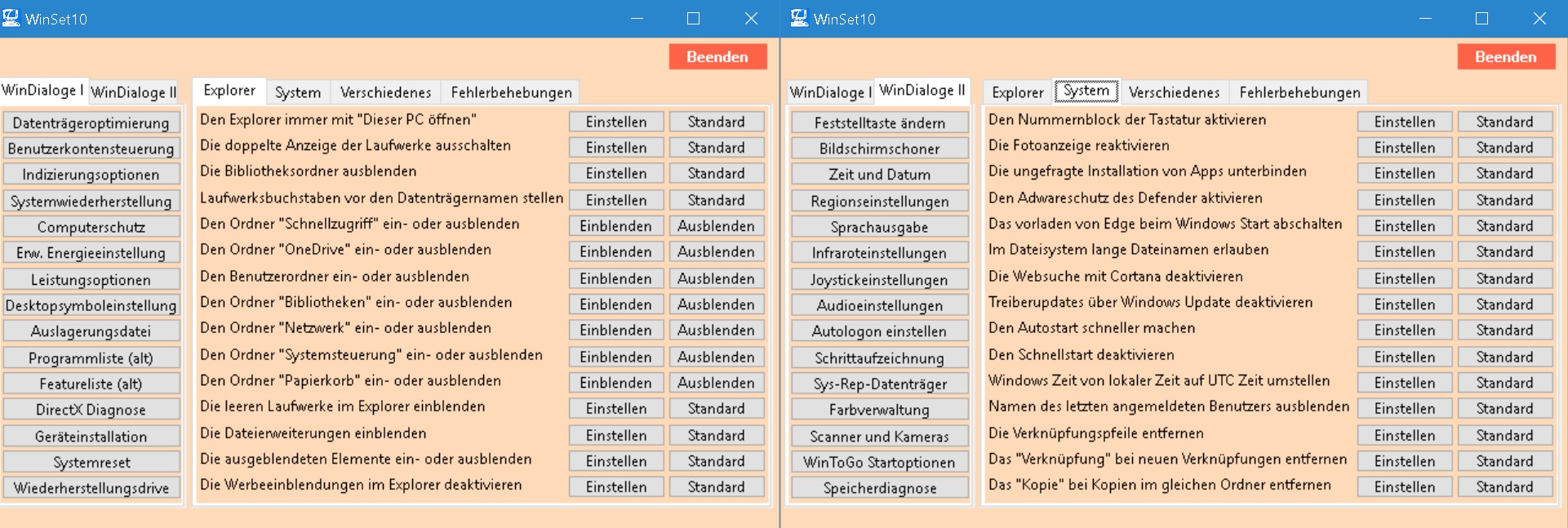 WinSet10 - Einstellungs- und Fehlerbehebungstool für Windows 10