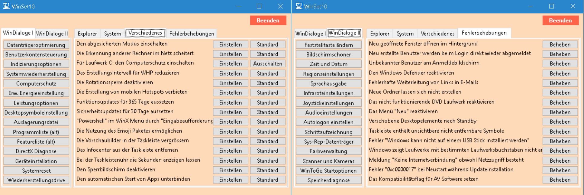 WinSet10 - Einstellungs- und Fehlerbehebungstool für Windows 10