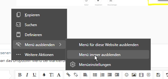 Wie kann man das Dropdown Menü bei Markierungen im Edge Browser ausschalten?